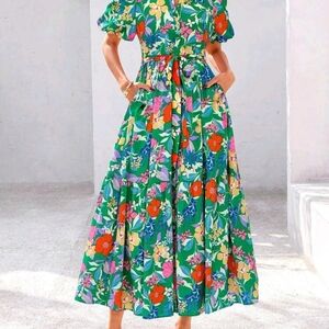 SHEIN Green Floral Puff-Sleeve Maxi Dress
